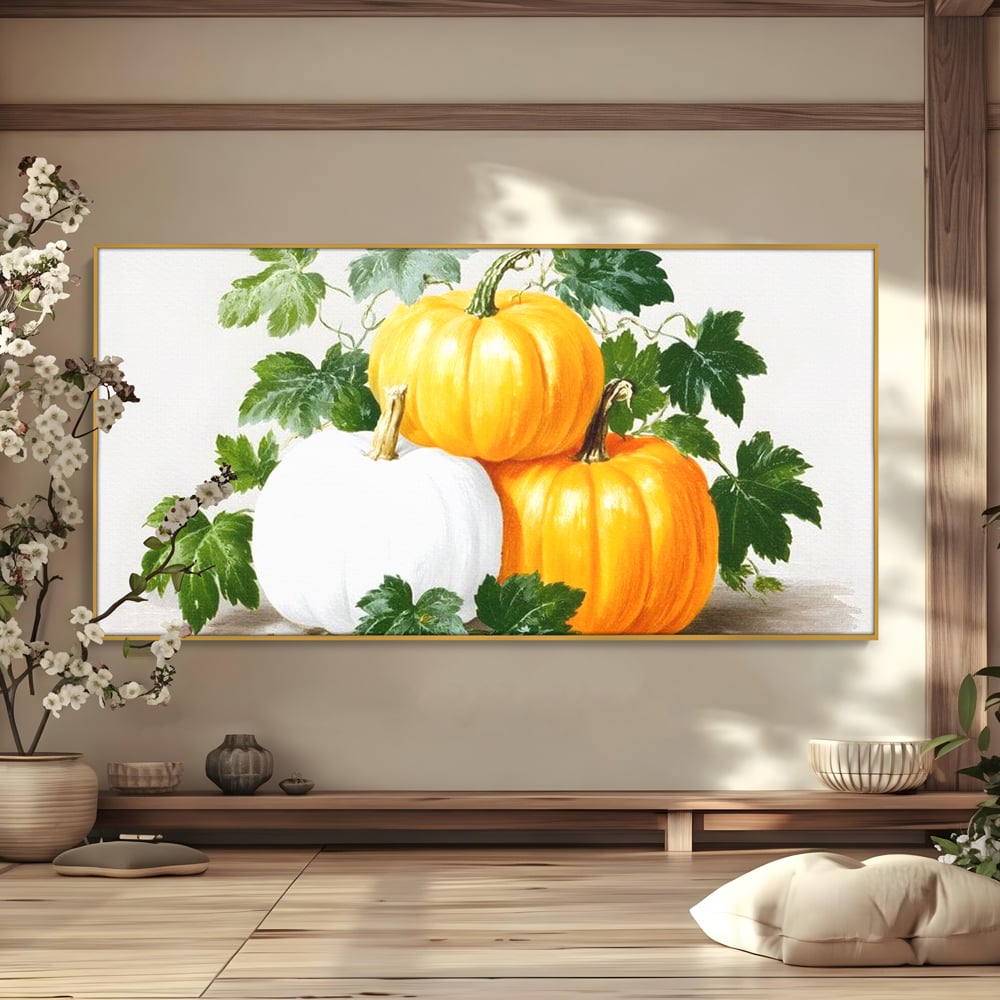 Leinwand Premium Canvas Wandkunst, LuxCanva® N1184, Herbst Ernte, Kürbisse, Blätter, Saison, Malerei, rustikal, natürlich, saisonal, Halloween, Restaurant, Küche