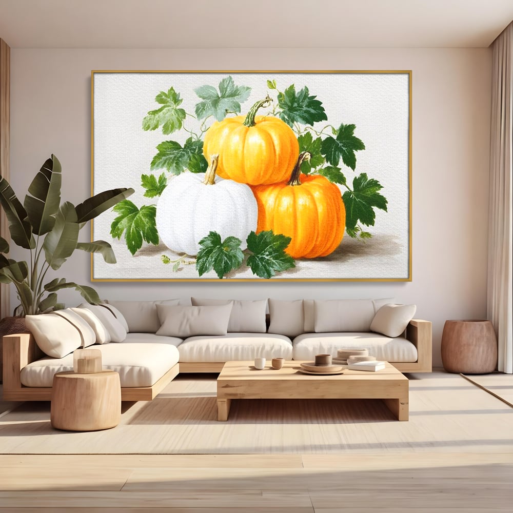 Leinwand Premium Canvas Wandkunst, LuxCanva® N1184, Herbst Ernte, Kürbisse, Blätter, Saison, Malerei, rustikal, natürlich, saisonal, Halloween, Restaurant, Küche