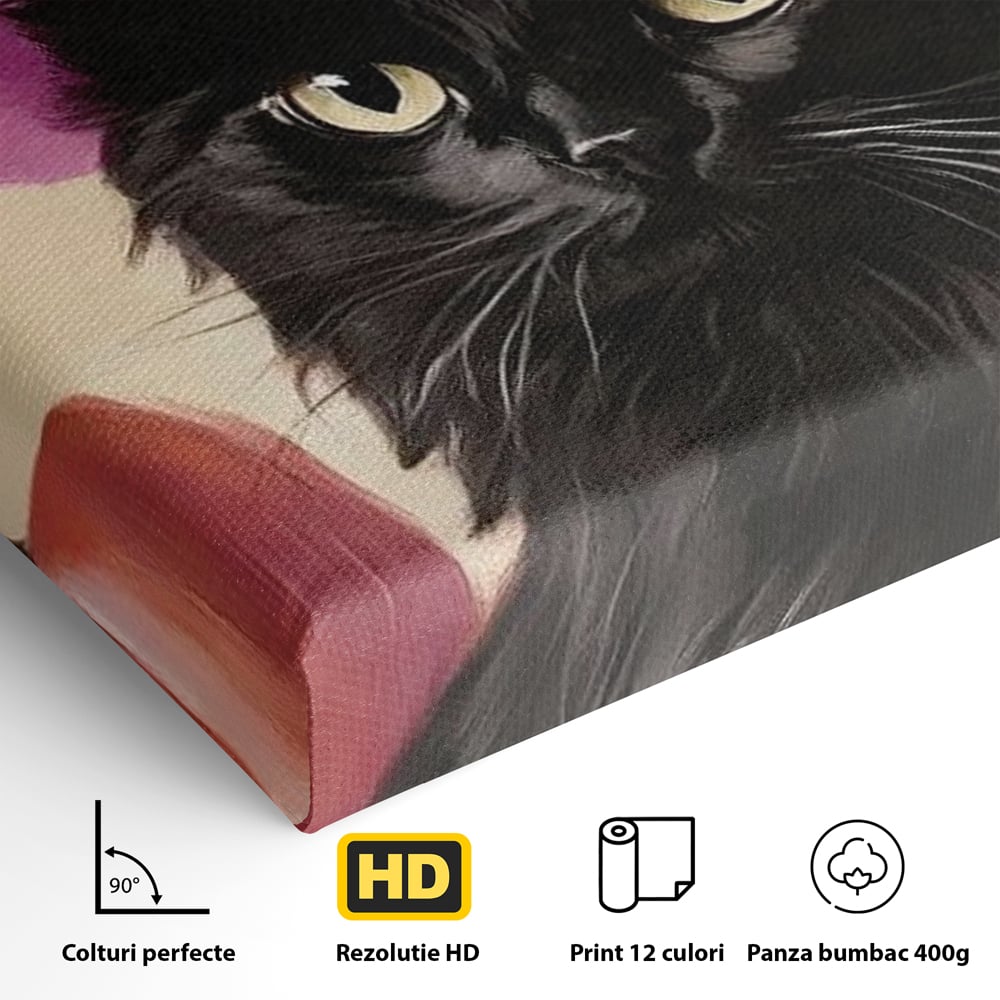 Tablou Canvas Premium, LuxCanva® N1185, Micuta Vrajitoare, Pisica, Dovleac, Witch, Roz, Palarie, Halloween, Toamna, Pub, Bar, Lounge, Restaurant, Bucatarie