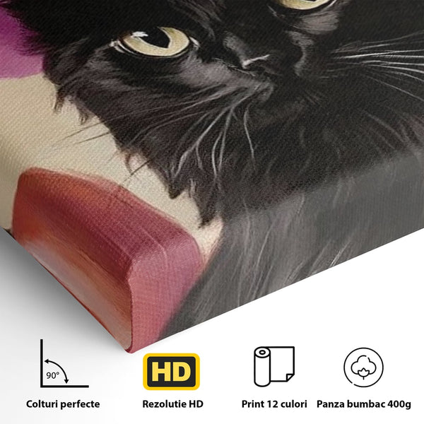 Tablou Canvas Premium, LuxCanva® N1185, Micuta Vrajitoare, Pisica, Dovleac, Witch, Roz, Palarie, Halloween, Toamna, Pub, Bar, Lounge, Restaurant, Bucatarie