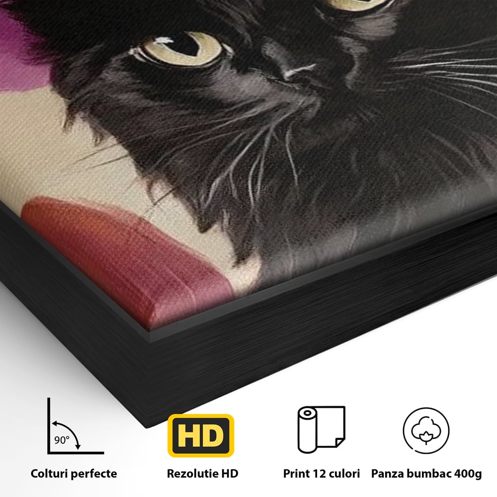 Tablou Canvas Premium, LuxCanva® N1185, Micuta Vrajitoare, Pisica, Dovleac, Witch, Roz, Palarie, Halloween, Toamna, Pub, Bar, Lounge, Restaurant, Bucatarie