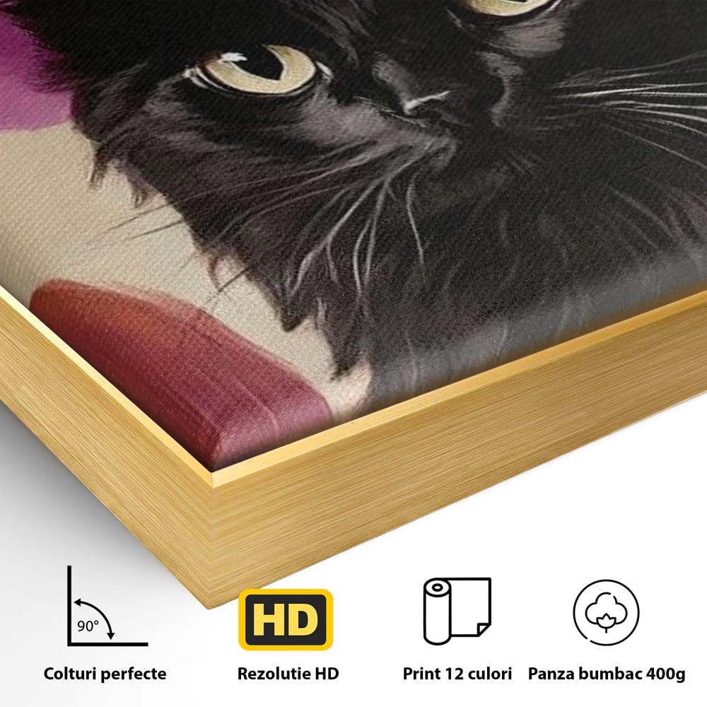 Tablou Canvas Premium, LuxCanva® N1185, Micuta Vrajitoare, Pisica, Dovleac, Witch, Roz, Palarie, Halloween, Toamna, Pub, Bar, Lounge, Restaurant, Bucatarie