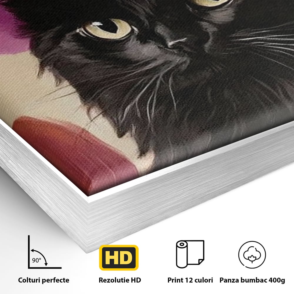 Tablou Canvas Premium, LuxCanva® N1185, Micuta Vrajitoare, Pisica, Dovleac, Witch, Roz, Palarie, Halloween, Toamna, Pub, Bar, Lounge, Restaurant, Bucatarie