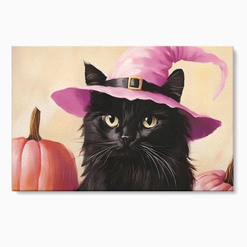 Tablou Canvas Premium, LuxCanva® N1185, Micuta Vrajitoare, Pisica, Dovleac, Witch, Roz, Palarie, Halloween, Toamna, Pub, Bar, Lounge, Restaurant, Bucatarie