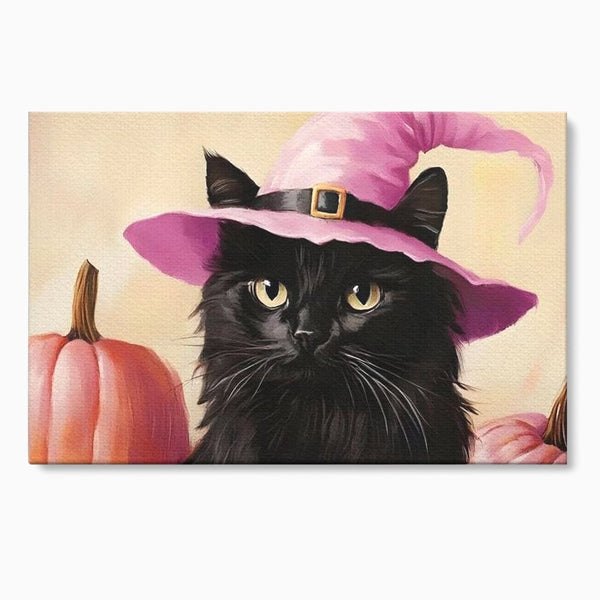 Tablou Canvas Premium, LuxCanva® N1185, Micuta Vrajitoare, Pisica, Dovleac, Witch, Roz, Palarie, Halloween, Toamna, Pub, Bar, Lounge, Restaurant, Bucatarie