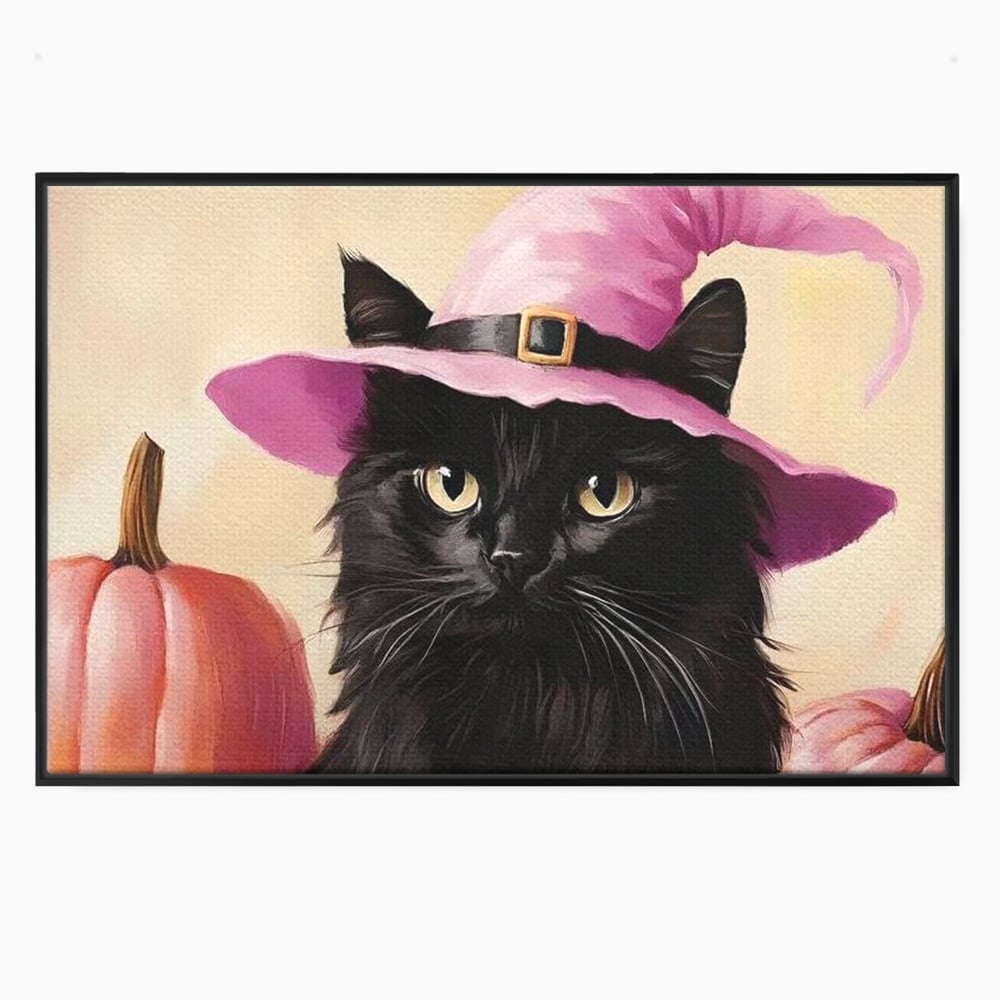 Tablou Canvas Premium, LuxCanva® N1185, Micuta Vrajitoare, Pisica, Dovleac, Witch, Roz, Palarie, Halloween, Toamna, Pub, Bar, Lounge, Restaurant, Bucatarie