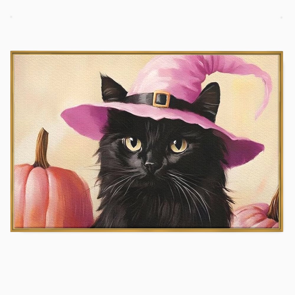 Tablou Canvas Premium, LuxCanva® N1185, Micuta Vrajitoare, Pisica, Dovleac, Witch, Roz, Palarie, Halloween, Toamna, Pub, Bar, Lounge, Restaurant, Bucatarie
