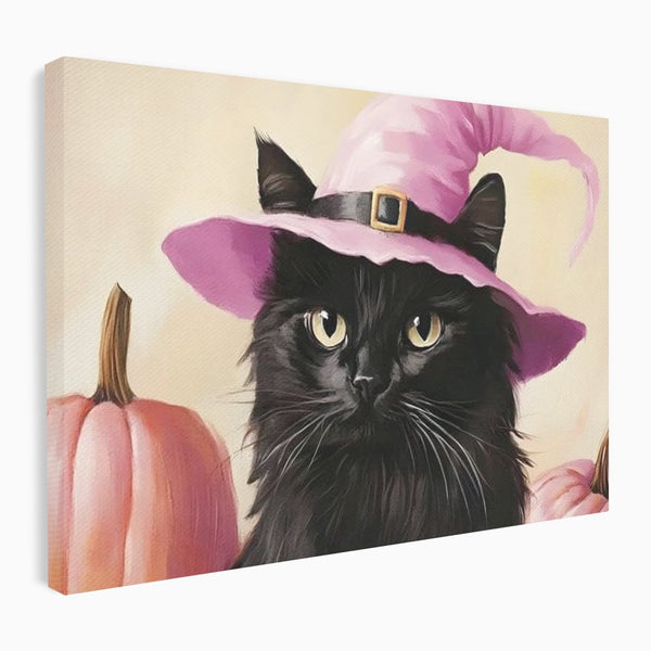Tablou Canvas Premium, LuxCanva® N1185, Micuta Vrajitoare, Pisica, Dovleac, Witch, Roz, Palarie, Halloween, Toamna, Pub, Bar, Lounge, Restaurant, Bucatarie