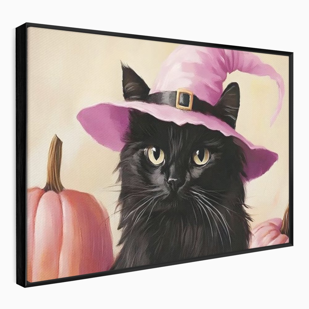Tablou Canvas Premium, LuxCanva® N1185, Micuta Vrajitoare, Pisica, Dovleac, Witch, Roz, Palarie, Halloween, Toamna, Pub, Bar, Lounge, Restaurant, Bucatarie