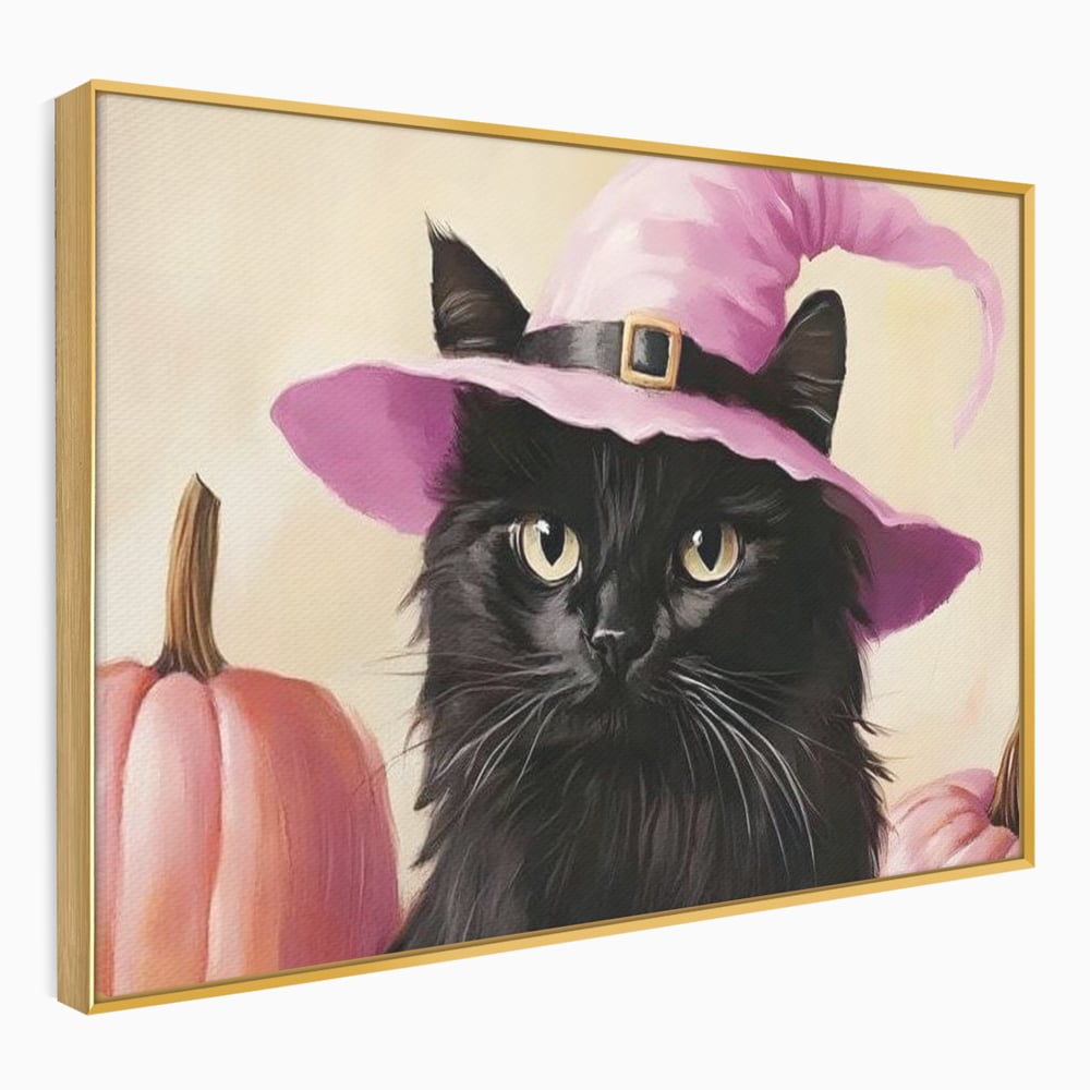 Tablou Canvas Premium, LuxCanva® N1185, Micuta Vrajitoare, Pisica, Dovleac, Witch, Roz, Palarie, Halloween, Toamna, Pub, Bar, Lounge, Restaurant, Bucatarie