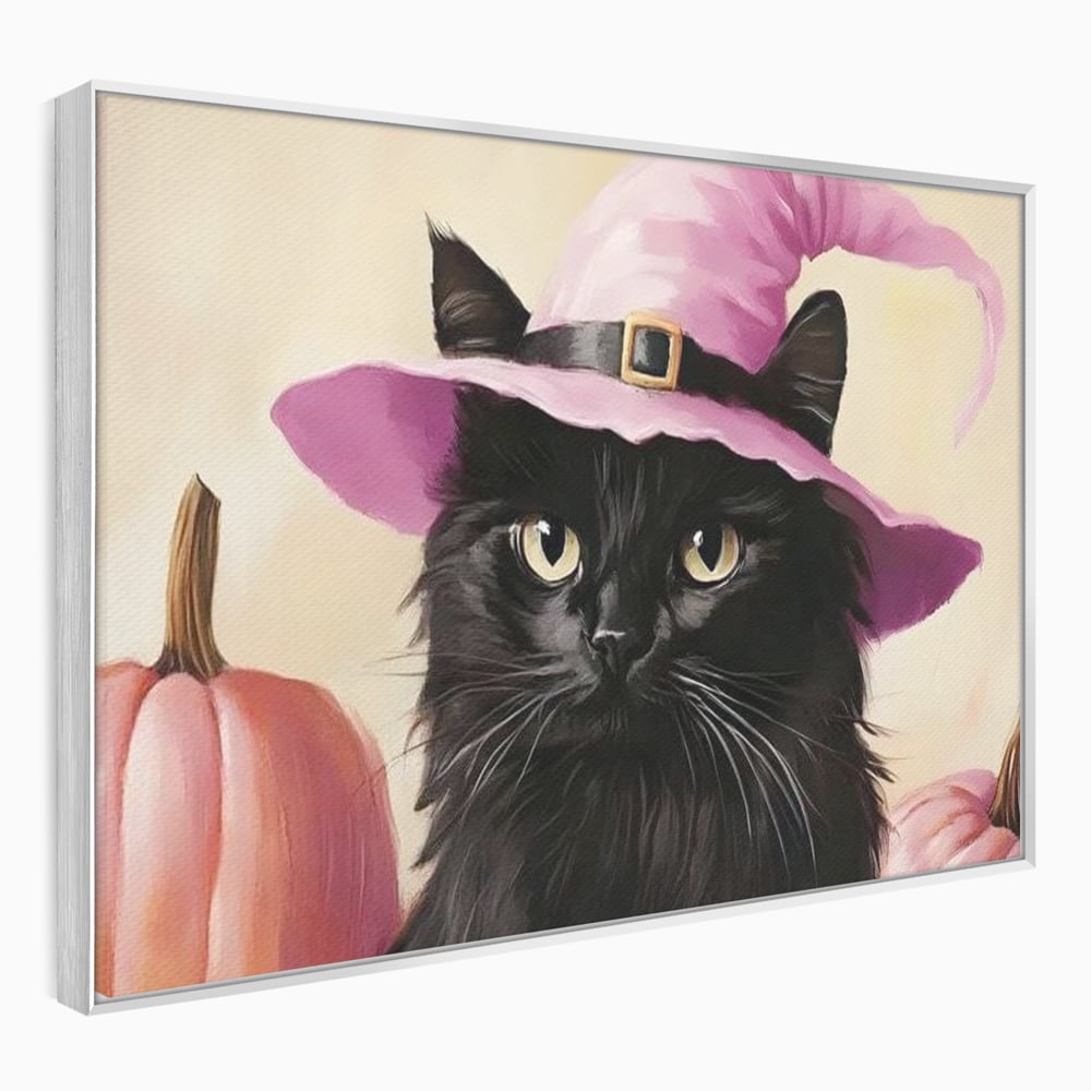 Tablou Canvas Premium, LuxCanva® N1185, Micuta Vrajitoare, Pisica, Dovleac, Witch, Roz, Palarie, Halloween, Toamna, Pub, Bar, Lounge, Restaurant, Bucatarie