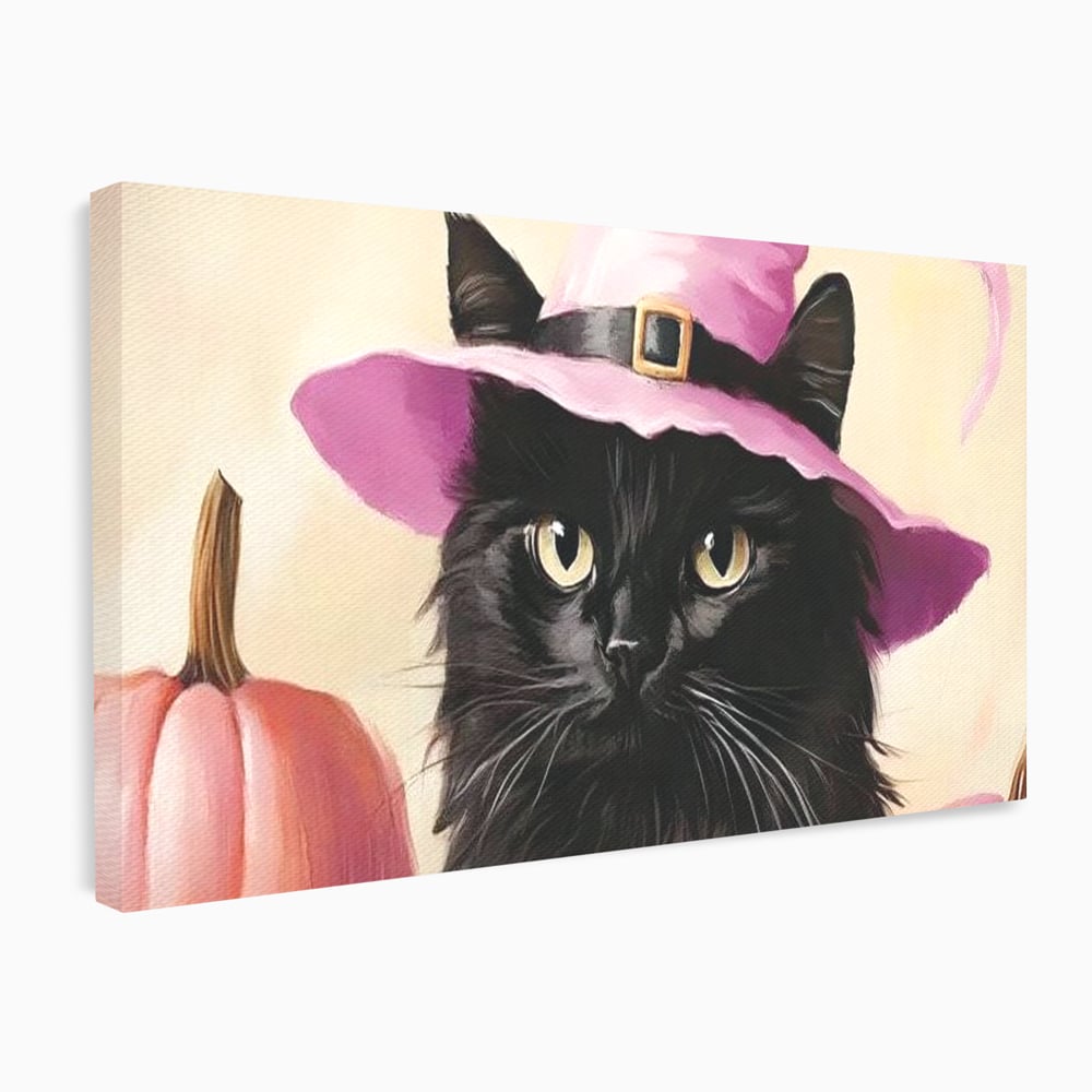 Tablou Canvas Premium, LuxCanva® N1185, Micuta Vrajitoare, Pisica, Dovleac, Witch, Roz, Palarie, Halloween, Toamna, Pub, Bar, Lounge, Restaurant, Bucatarie