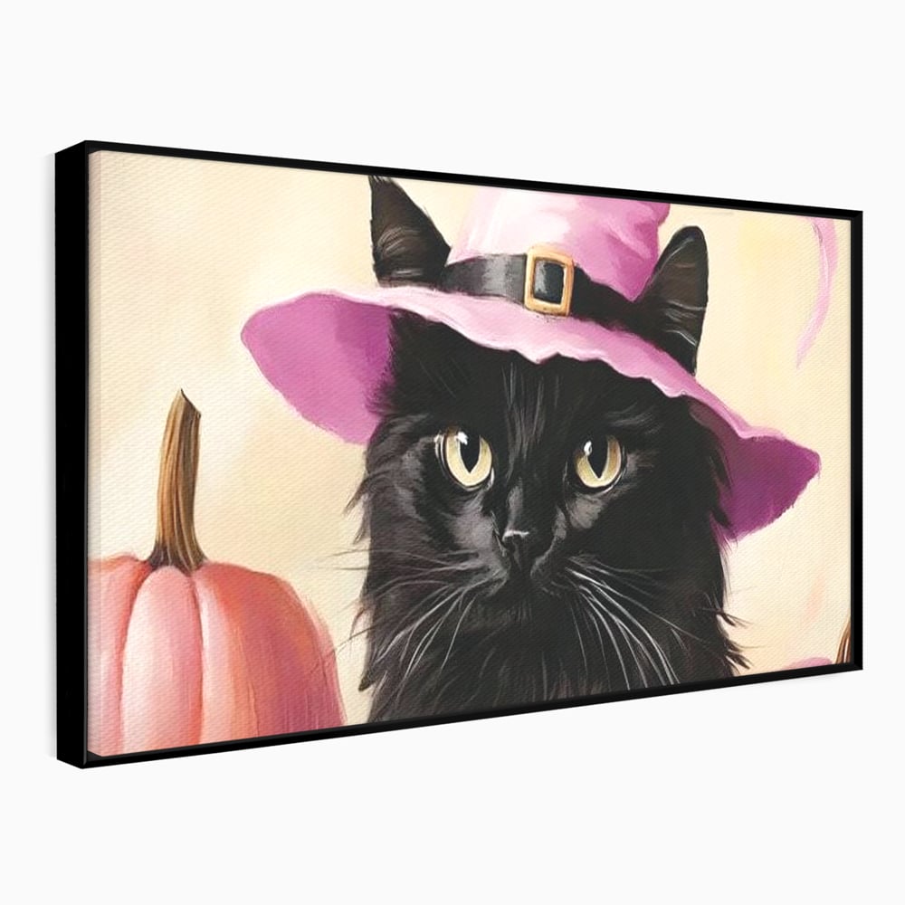 Tablou Canvas Premium, LuxCanva® N1185, Micuta Vrajitoare, Pisica, Dovleac, Witch, Roz, Palarie, Halloween, Toamna, Pub, Bar, Lounge, Restaurant, Bucatarie