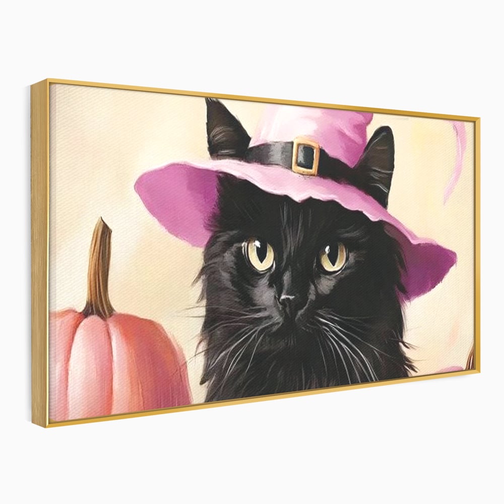 Tablou Canvas Premium, LuxCanva® N1185, Micuta Vrajitoare, Pisica, Dovleac, Witch, Roz, Palarie, Halloween, Toamna, Pub, Bar, Lounge, Restaurant, Bucatarie