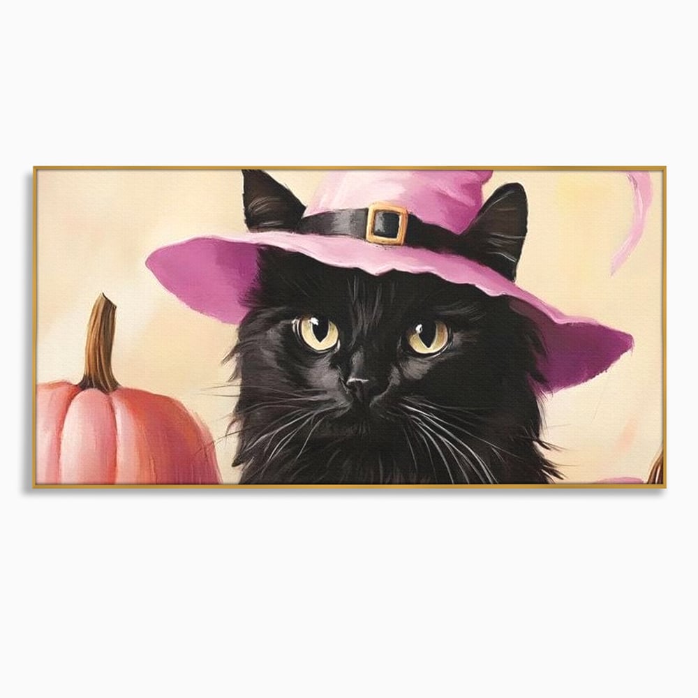 Tablou Canvas Premium, LuxCanva® N1185, Micuta Vrajitoare, Pisica, Dovleac, Witch, Roz, Palarie, Halloween, Toamna, Pub, Bar, Lounge, Restaurant, Bucatarie