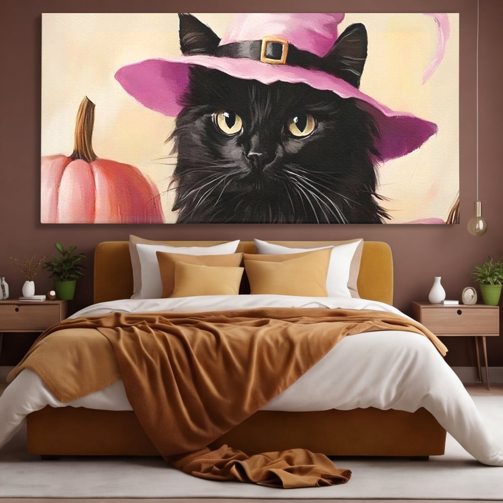 Tablou Canvas Premium, LuxCanva® N1185, Micuta Vrajitoare, Pisica, Dovleac, Witch, Roz, Palarie, Halloween, Toamna, Pub, Bar, Lounge, Restaurant, Bucatarie