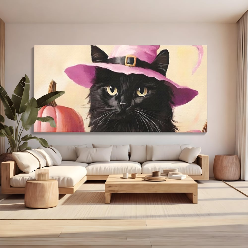 Tablou Canvas Premium, LuxCanva® N1185, Micuta Vrajitoare, Pisica, Dovleac, Witch, Roz, Palarie, Halloween, Toamna, Pub, Bar, Lounge, Restaurant, Bucatarie
