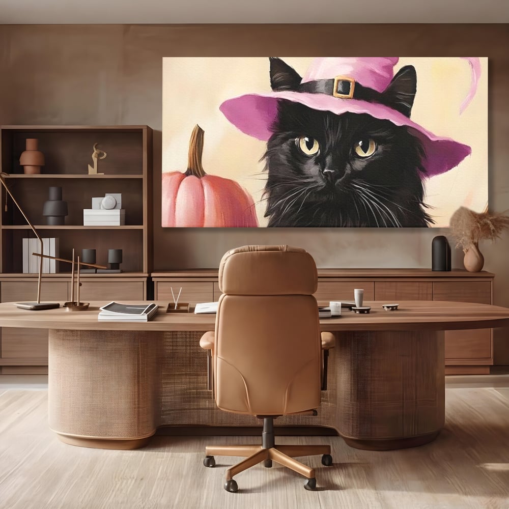 Tablou Canvas Premium, LuxCanva® N1185, Micuta Vrajitoare, Pisica, Dovleac, Witch, Roz, Palarie, Halloween, Toamna, Pub, Bar, Lounge, Restaurant, Bucatarie