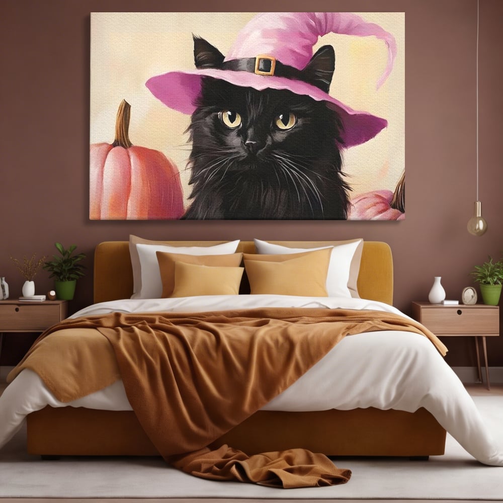 Tablou Canvas Premium, LuxCanva® N1185, Micuta Vrajitoare, Pisica, Dovleac, Witch, Roz, Palarie, Halloween, Toamna, Pub, Bar, Lounge, Restaurant, Bucatarie