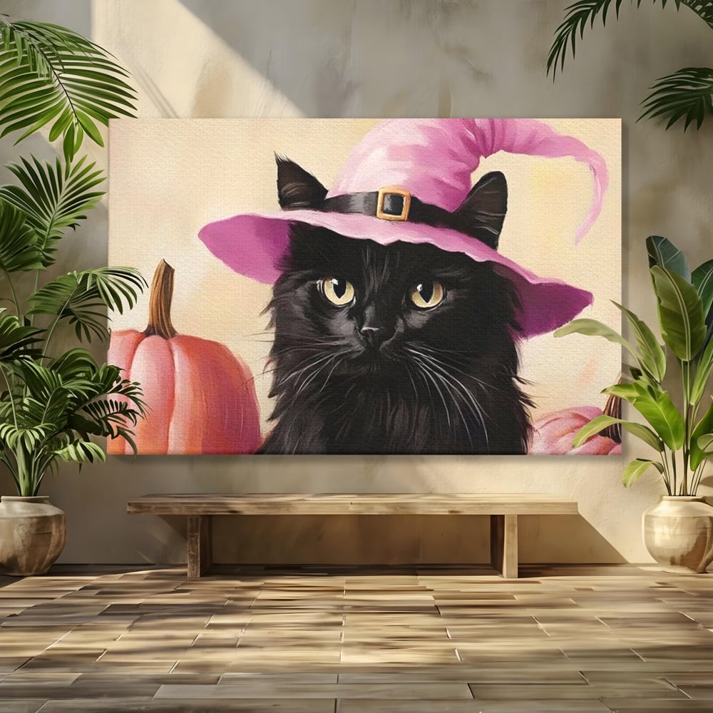 Tablou Canvas Premium, LuxCanva® N1185, Micuta Vrajitoare, Pisica, Dovleac, Witch, Roz, Palarie, Halloween, Toamna, Pub, Bar, Lounge, Restaurant, Bucatarie