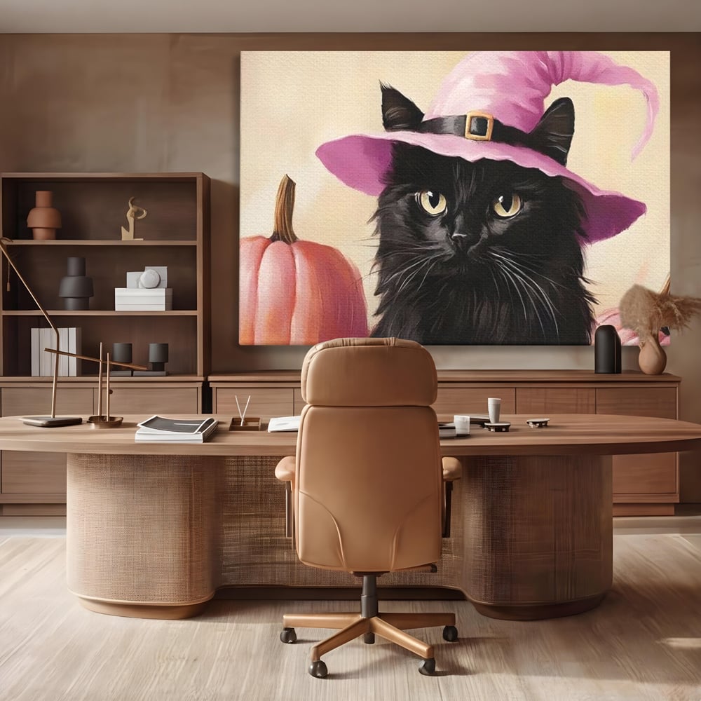 Tablou Canvas Premium, LuxCanva® N1185, Micuta Vrajitoare, Pisica, Dovleac, Witch, Roz, Palarie, Halloween, Toamna, Pub, Bar, Lounge, Restaurant, Bucatarie