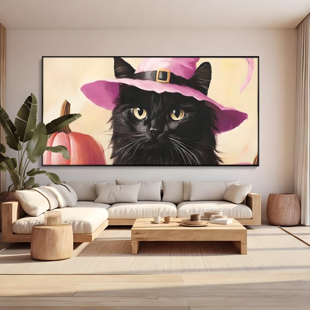 Tablou Canvas Premium, LuxCanva® N1185, Micuta Vrajitoare, Pisica, Dovleac, Witch, Roz, Palarie, Halloween, Toamna, Pub, Bar, Lounge, Restaurant, Bucatarie