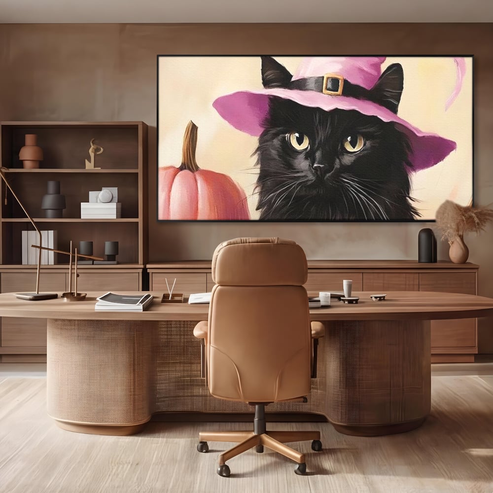Tablou Canvas Premium, LuxCanva® N1185, Micuta Vrajitoare, Pisica, Dovleac, Witch, Roz, Palarie, Halloween, Toamna, Pub, Bar, Lounge, Restaurant, Bucatarie