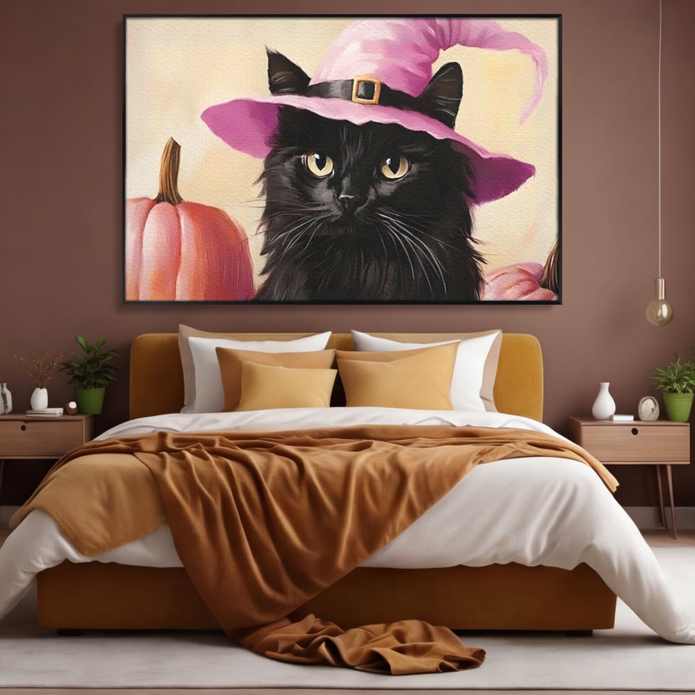 Tablou Canvas Premium, LuxCanva® N1185, Micuta Vrajitoare, Pisica, Dovleac, Witch, Roz, Palarie, Halloween, Toamna, Pub, Bar, Lounge, Restaurant, Bucatarie