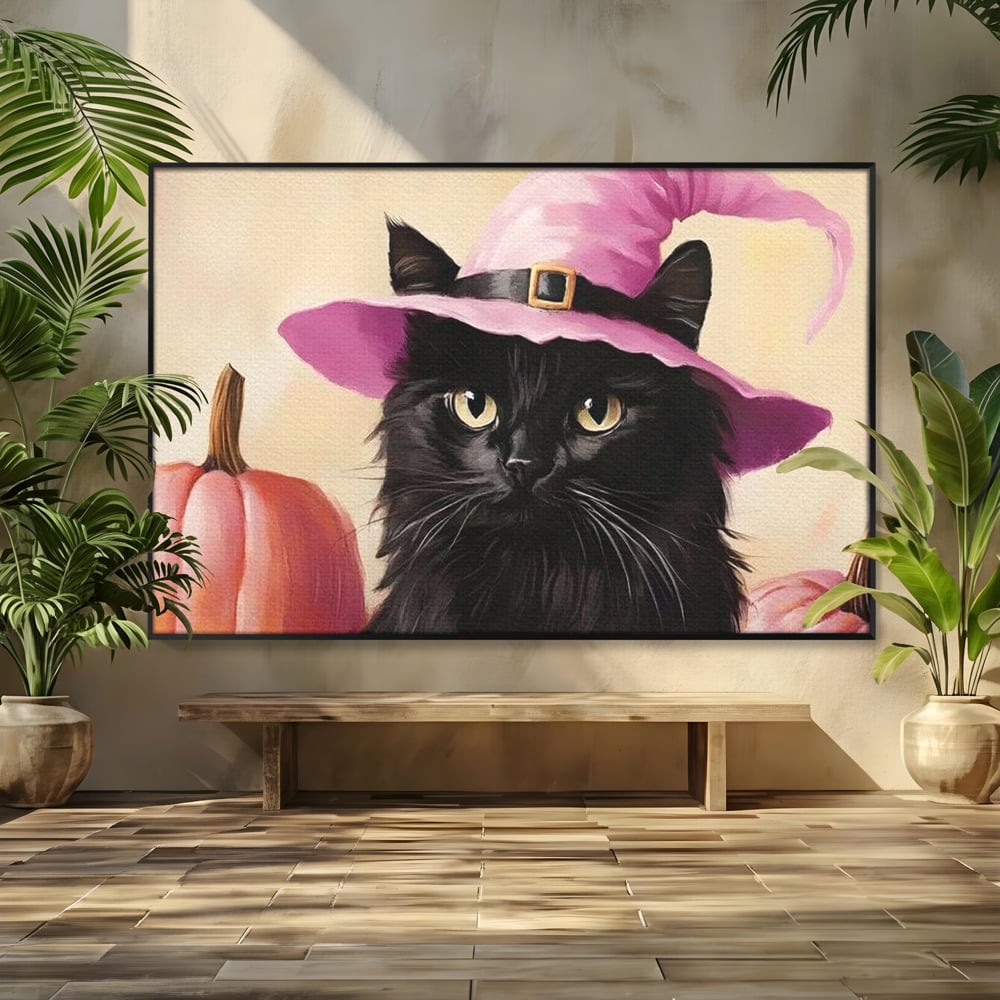 Tablou Canvas Premium, LuxCanva® N1185, Micuta Vrajitoare, Pisica, Dovleac, Witch, Roz, Palarie, Halloween, Toamna, Pub, Bar, Lounge, Restaurant, Bucatarie