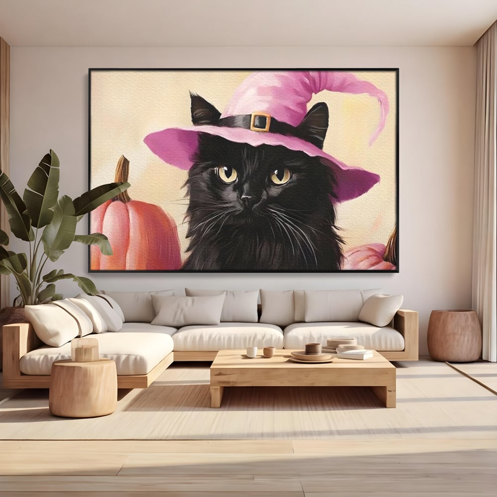 Tablou Canvas Premium, LuxCanva® N1185, Micuta Vrajitoare, Pisica, Dovleac, Witch, Roz, Palarie, Halloween, Toamna, Pub, Bar, Lounge, Restaurant, Bucatarie