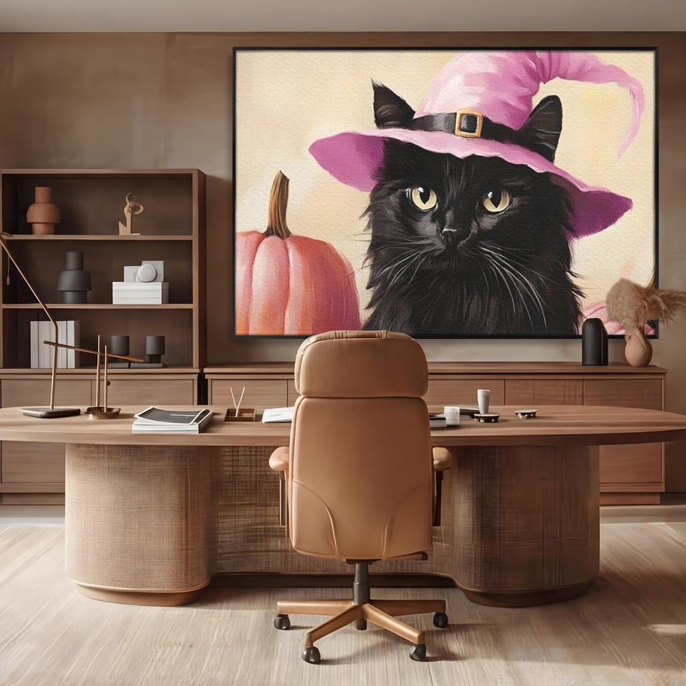 Tablou Canvas Premium, LuxCanva® N1185, Micuta Vrajitoare, Pisica, Dovleac, Witch, Roz, Palarie, Halloween, Toamna, Pub, Bar, Lounge, Restaurant, Bucatarie