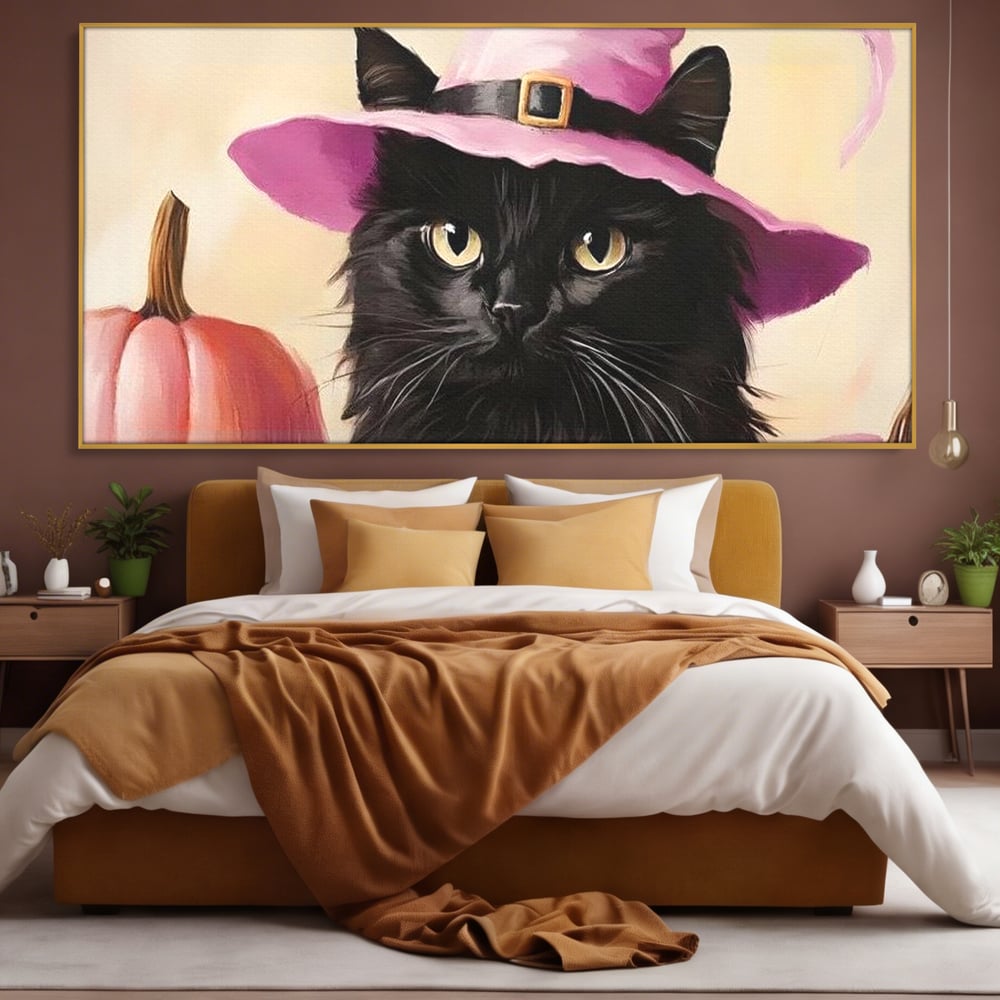 Tablou Canvas Premium, LuxCanva® N1185, Micuta Vrajitoare, Pisica, Dovleac, Witch, Roz, Palarie, Halloween, Toamna, Pub, Bar, Lounge, Restaurant, Bucatarie