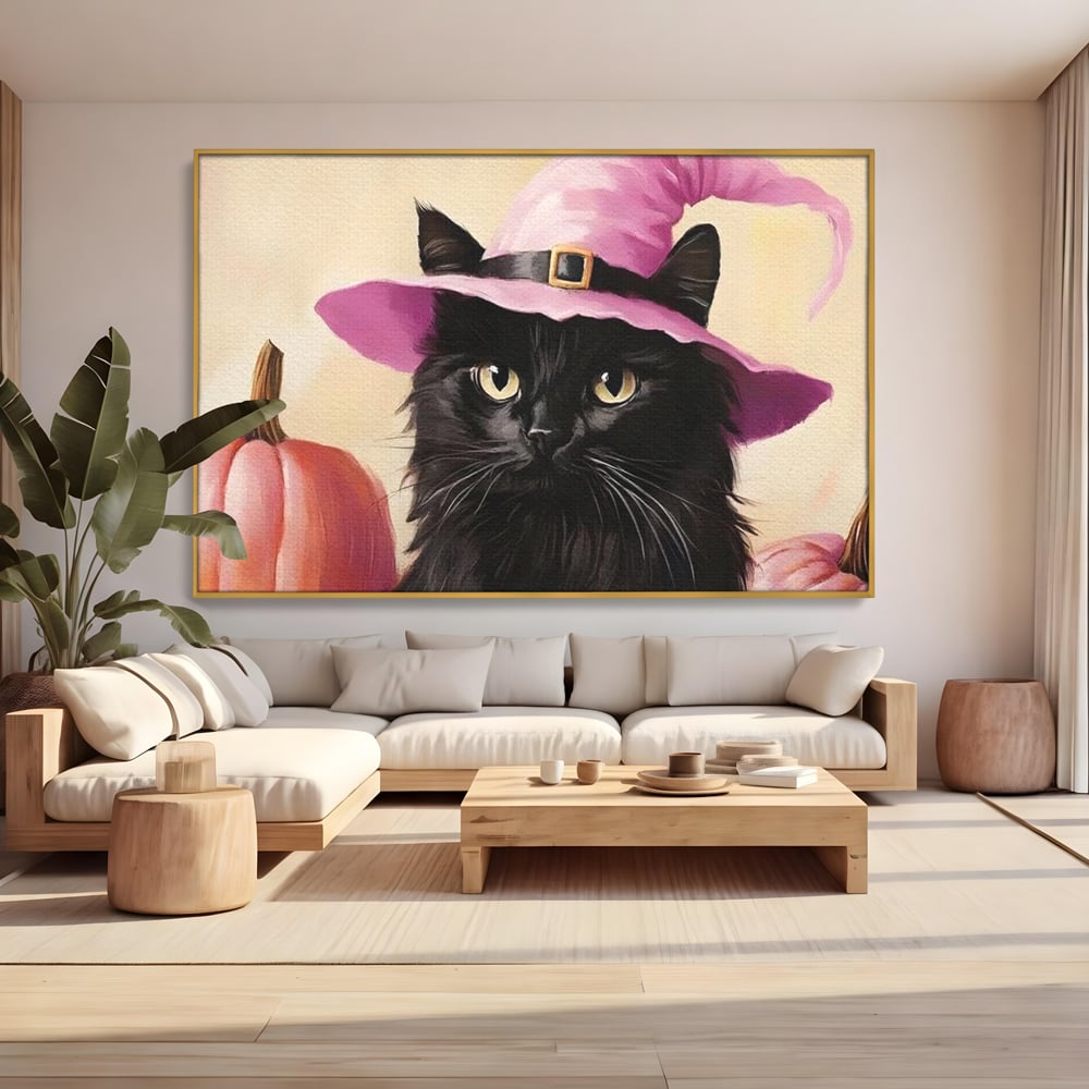 Tablou Canvas Premium, LuxCanva® N1185, Micuta Vrajitoare, Pisica, Dovleac, Witch, Roz, Palarie, Halloween, Toamna, Pub, Bar, Lounge, Restaurant, Bucatarie