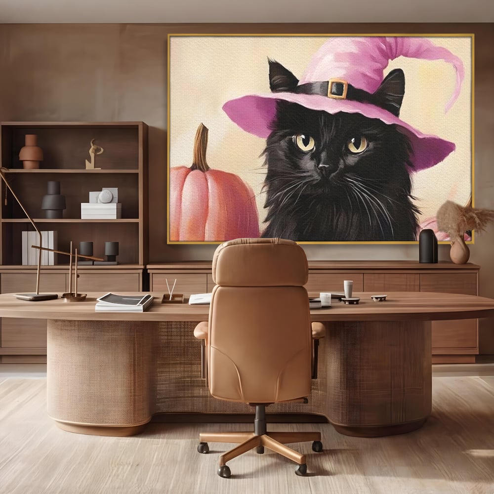 Tablou Canvas Premium, LuxCanva® N1185, Micuta Vrajitoare, Pisica, Dovleac, Witch, Roz, Palarie, Halloween, Toamna, Pub, Bar, Lounge, Restaurant, Bucatarie