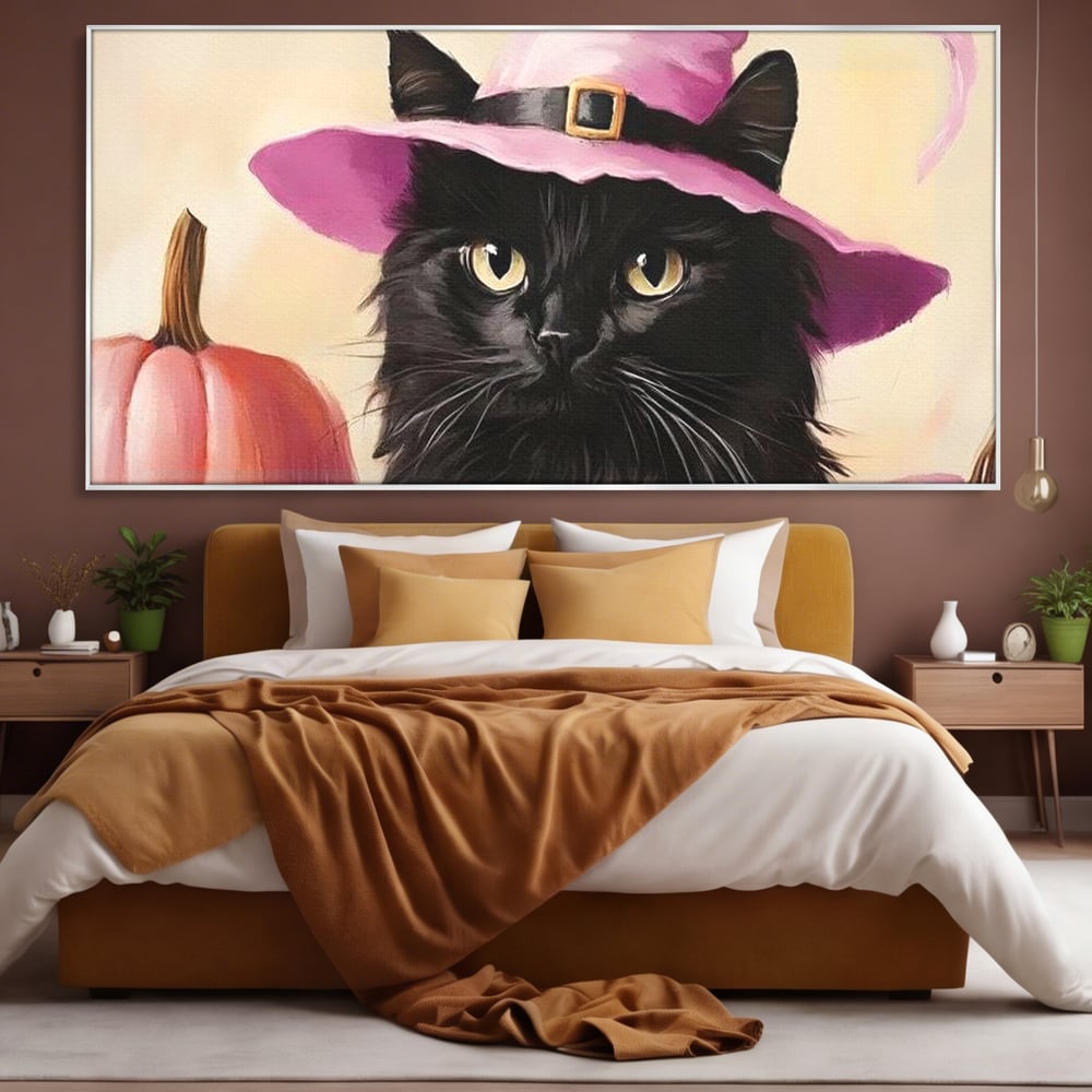 Tablou Canvas Premium, LuxCanva® N1185, Micuta Vrajitoare, Pisica, Dovleac, Witch, Roz, Palarie, Halloween, Toamna, Pub, Bar, Lounge, Restaurant, Bucatarie