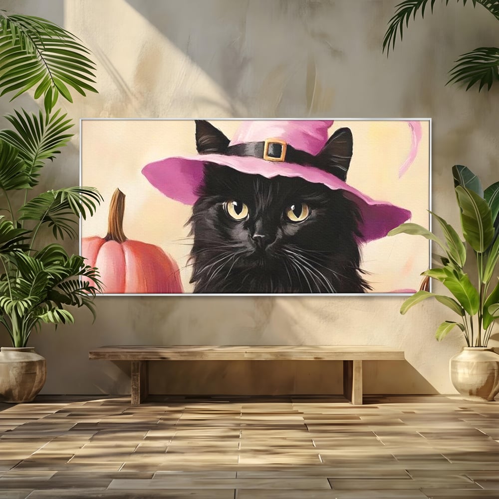 Tablou Canvas Premium, LuxCanva® N1185, Micuta Vrajitoare, Pisica, Dovleac, Witch, Roz, Palarie, Halloween, Toamna, Pub, Bar, Lounge, Restaurant, Bucatarie