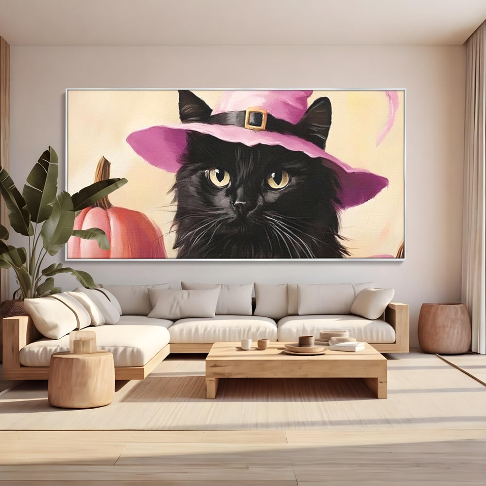 Tablou Canvas Premium, LuxCanva® N1185, Micuta Vrajitoare, Pisica, Dovleac, Witch, Roz, Palarie, Halloween, Toamna, Pub, Bar, Lounge, Restaurant, Bucatarie
