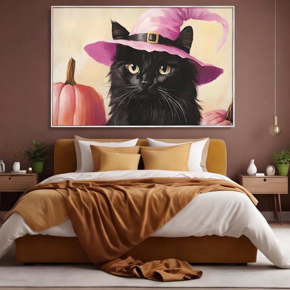 Tablou Canvas Premium, LuxCanva® N1185, Micuta Vrajitoare, Pisica, Dovleac, Witch, Roz, Palarie, Halloween, Toamna, Pub, Bar, Lounge, Restaurant, Bucatarie