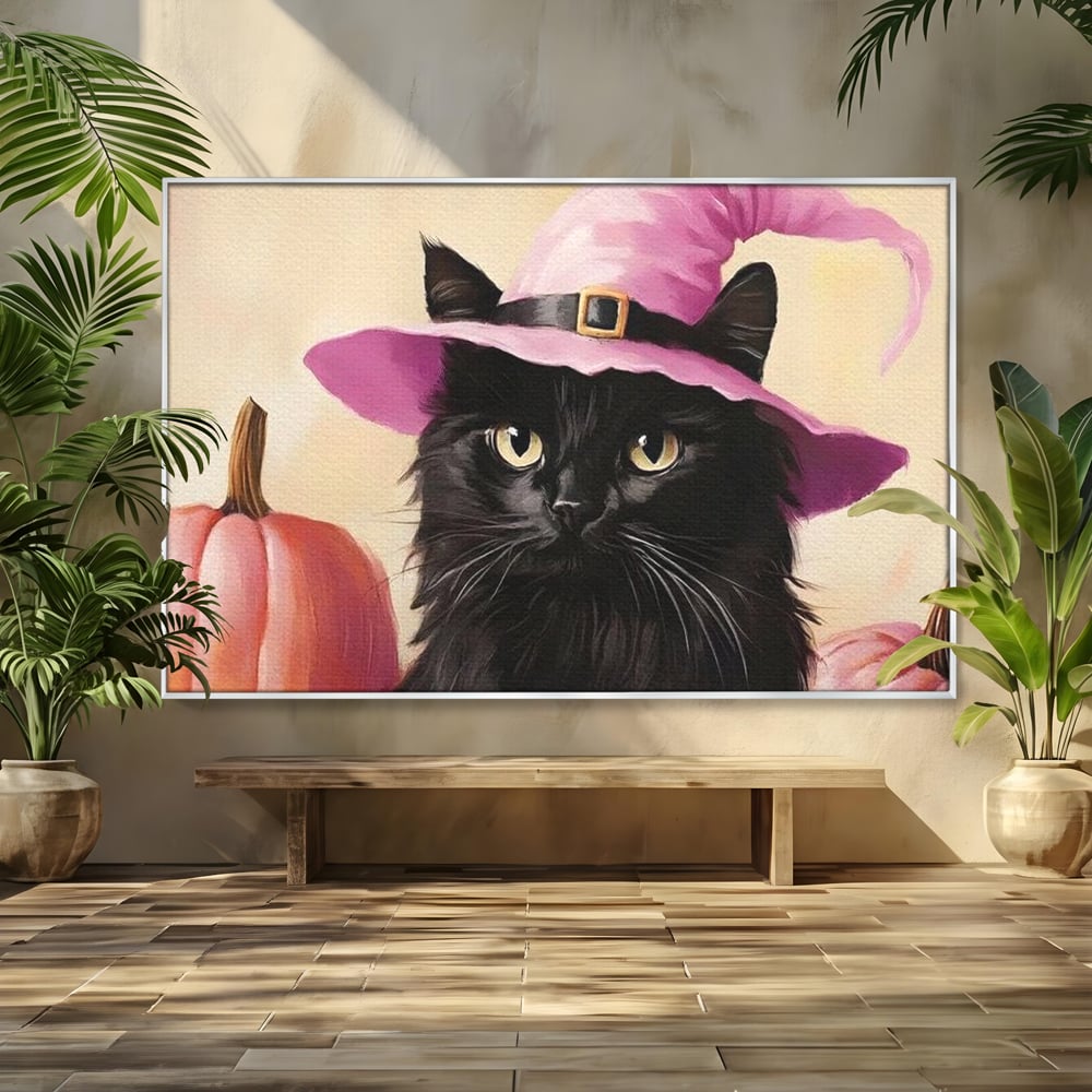 Tablou Canvas Premium, LuxCanva® N1185, Micuta Vrajitoare, Pisica, Dovleac, Witch, Roz, Palarie, Halloween, Toamna, Pub, Bar, Lounge, Restaurant, Bucatarie