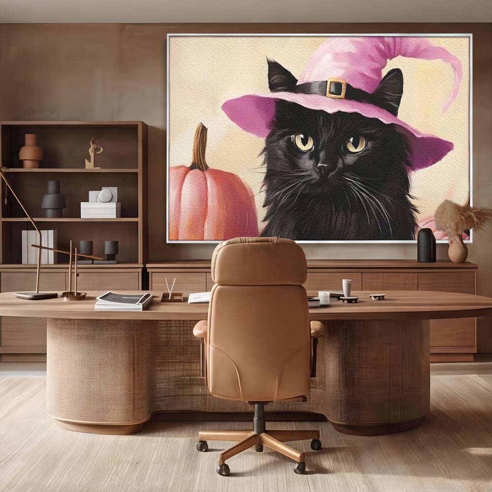 Tablou Canvas Premium, LuxCanva® N1185, Micuta Vrajitoare, Pisica, Dovleac, Witch, Roz, Palarie, Halloween, Toamna, Pub, Bar, Lounge, Restaurant, Bucatarie