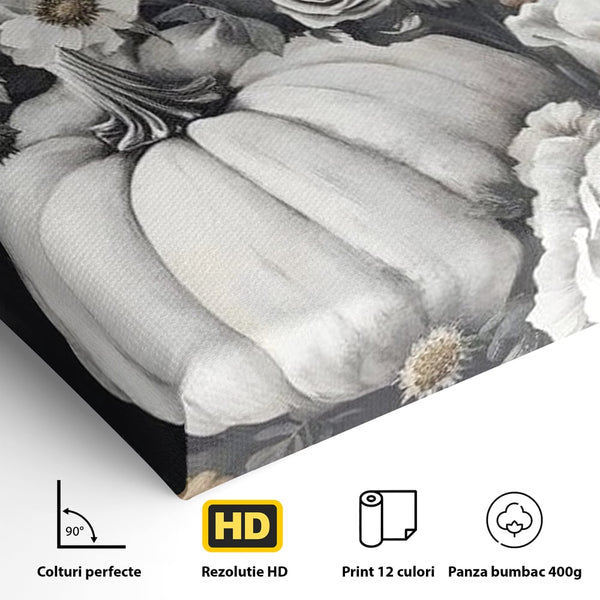 Tablou Canvas Premium, LuxCanva® N1186, Magia Toamnei, Recolta, Flori, Rustic, Dovleci, Aranjament, Sarbatoare, Halloween, Pub, Bar, Lounge, Restaurant, Bucatarie