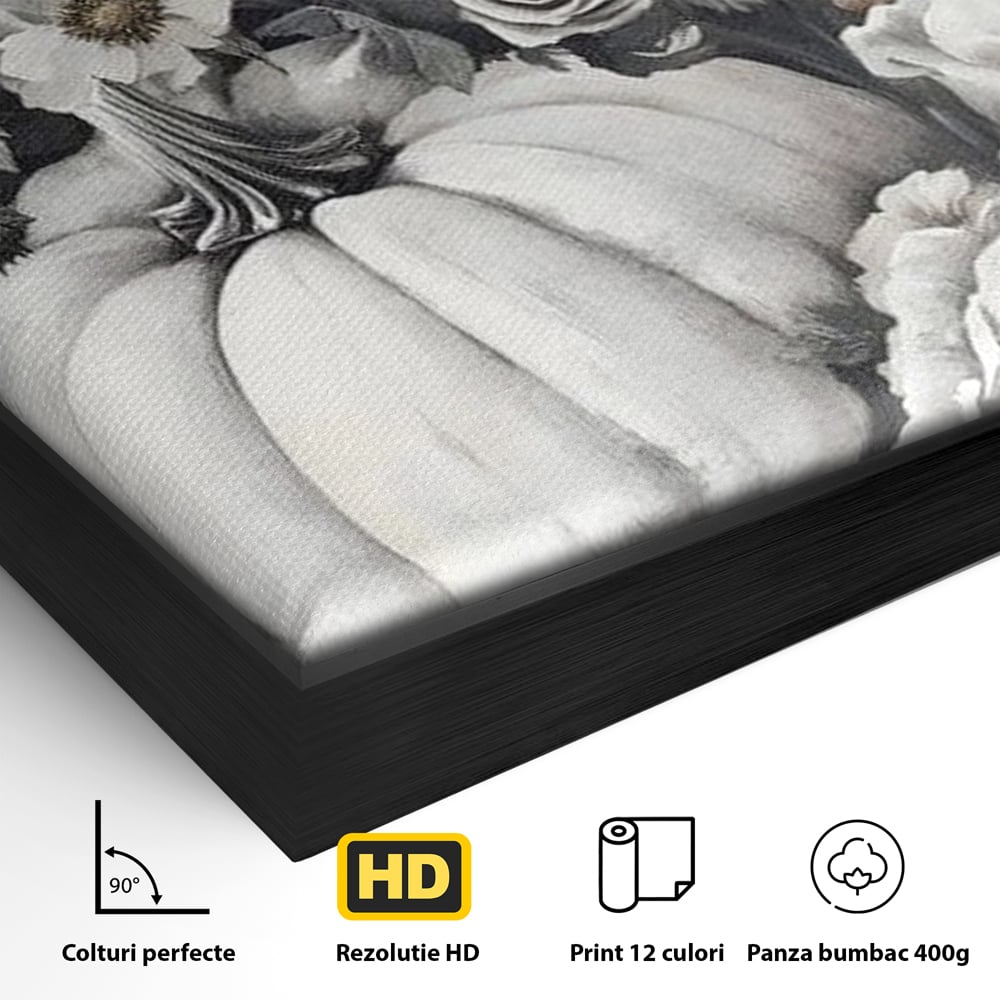 Tablou Canvas Premium, LuxCanva® N1186, Magia Toamnei, Recolta, Flori, Rustic, Dovleci, Aranjament, Sarbatoare, Halloween, Pub, Bar, Lounge, Restaurant, Bucatarie