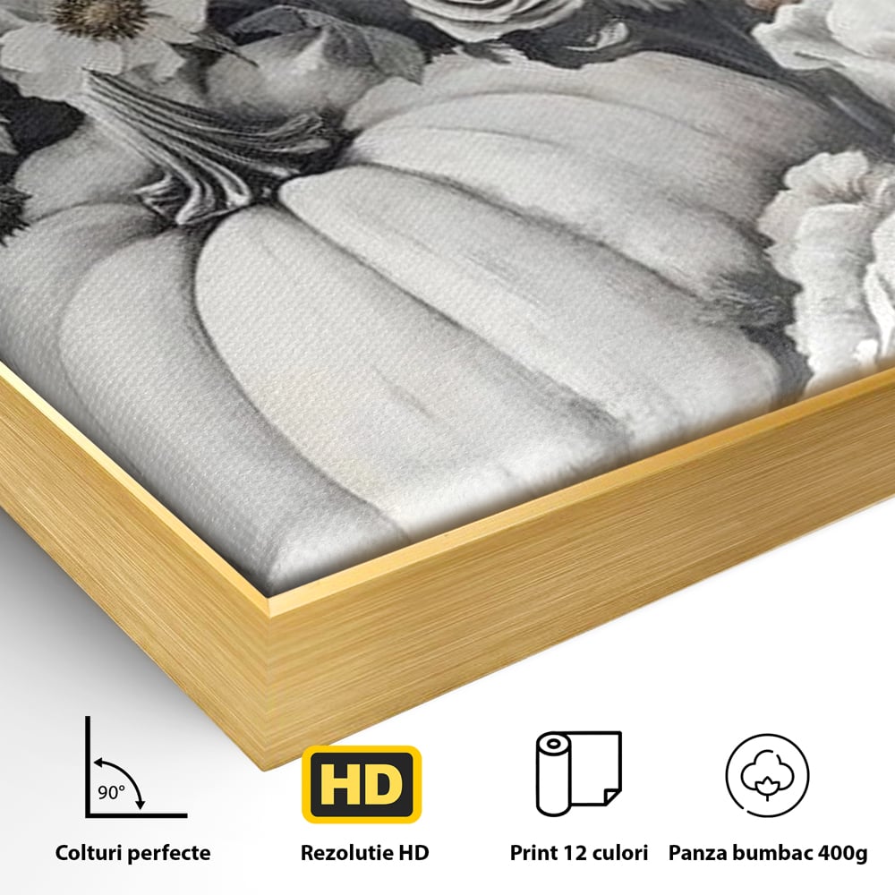 Tablou Canvas Premium, LuxCanva® N1186, Magia Toamnei, Recolta, Flori, Rustic, Dovleci, Aranjament, Sarbatoare, Halloween, Pub, Bar, Lounge, Restaurant, Bucatarie