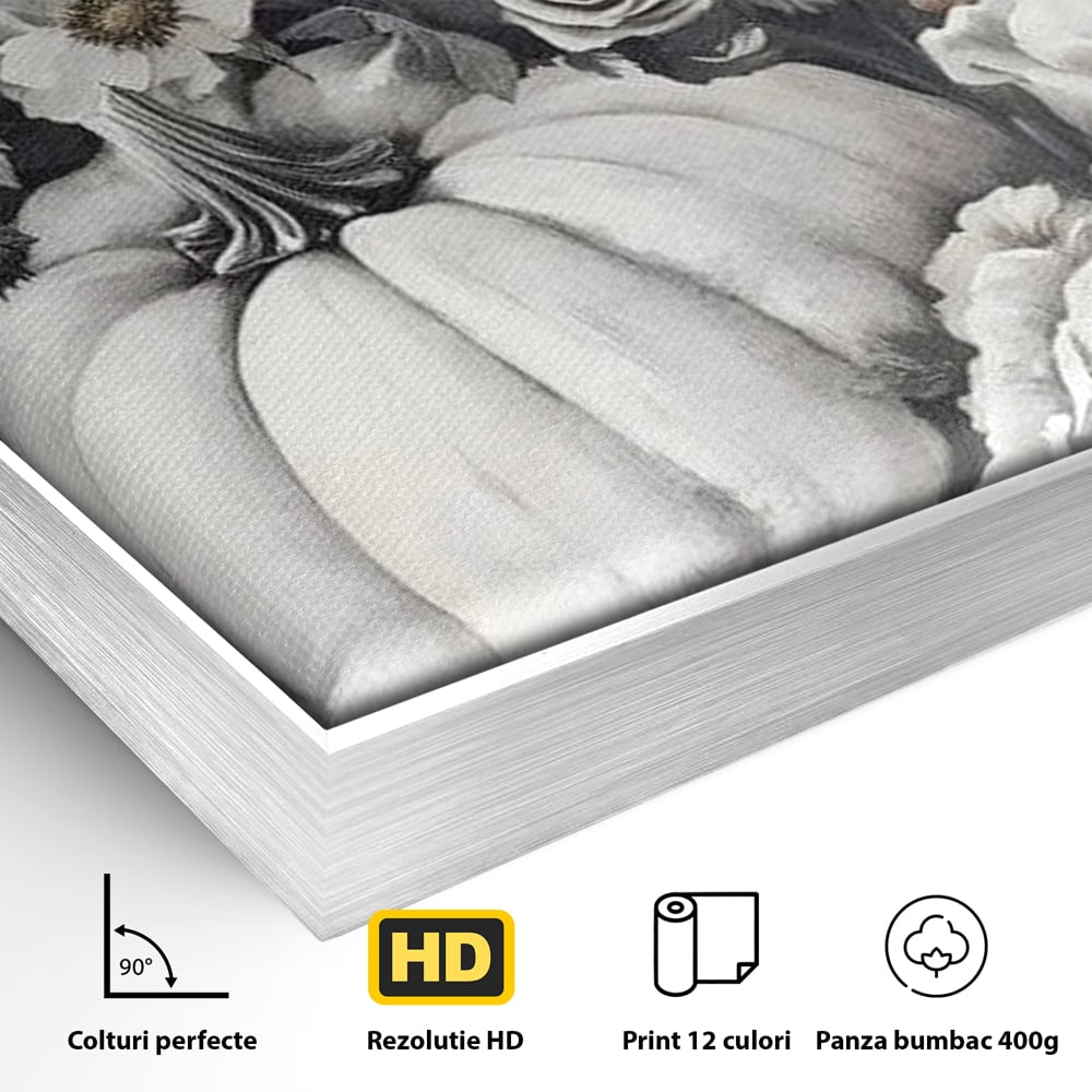 Tablou Canvas Premium, LuxCanva® N1186, Magia Toamnei, Recolta, Flori, Rustic, Dovleci, Aranjament, Sarbatoare, Halloween, Pub, Bar, Lounge, Restaurant, Bucatarie