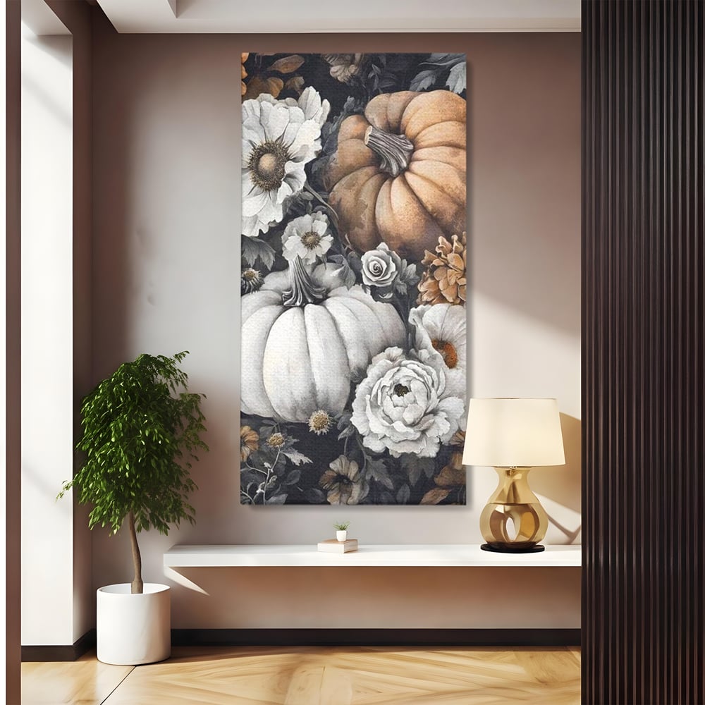 Tablou Canvas Premium, LuxCanva® N1186, Magia Toamnei, Recolta, Flori, Rustic, Dovleci, Aranjament, Sarbatoare, Halloween, Pub, Bar, Lounge, Restaurant, Bucatarie