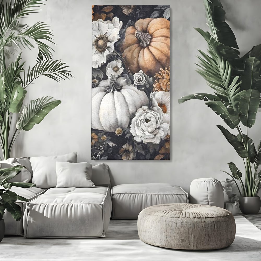 Tablou Canvas Premium, LuxCanva® N1186, Magia Toamnei, Recolta, Flori, Rustic, Dovleci, Aranjament, Sarbatoare, Halloween, Pub, Bar, Lounge, Restaurant, Bucatarie