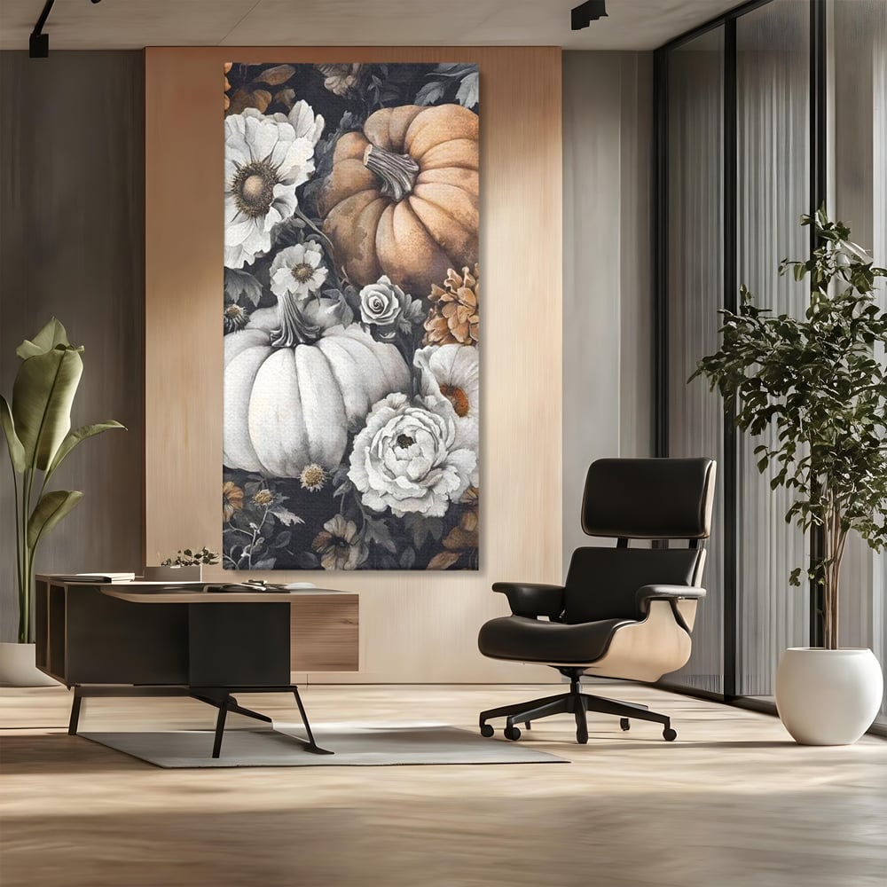 Tablou Canvas Premium, LuxCanva® N1186, Magia Toamnei, Recolta, Flori, Rustic, Dovleci, Aranjament, Sarbatoare, Halloween, Pub, Bar, Lounge, Restaurant, Bucatarie