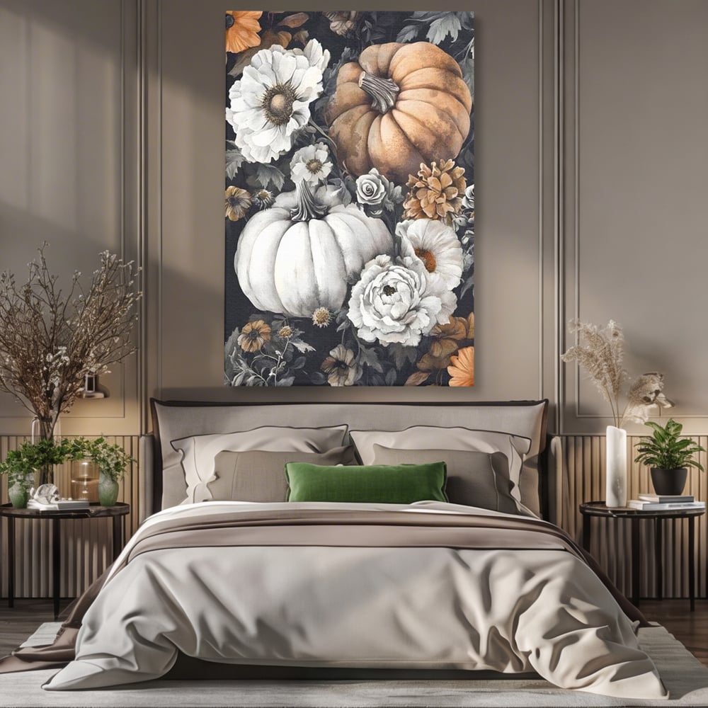 Tablou Canvas Premium, LuxCanva® N1186, Magia Toamnei, Recolta, Flori, Rustic, Dovleci, Aranjament, Sarbatoare, Halloween, Pub, Bar, Lounge, Restaurant, Bucatarie