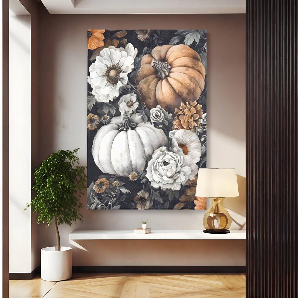 Tablou Canvas Premium, LuxCanva® N1186, Magia Toamnei, Recolta, Flori, Rustic, Dovleci, Aranjament, Sarbatoare, Halloween, Pub, Bar, Lounge, Restaurant, Bucatarie