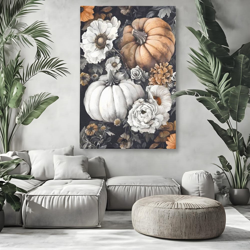 Tablou Canvas Premium, LuxCanva® N1186, Magia Toamnei, Recolta, Flori, Rustic, Dovleci, Aranjament, Sarbatoare, Halloween, Pub, Bar, Lounge, Restaurant, Bucatarie